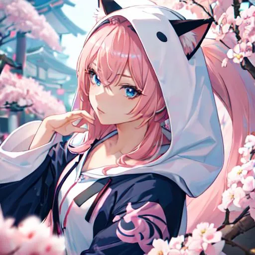 Prompt: Japan as a female human, 8k, UHD,  highly detailed, pink hair, blue eyes, cat ears, wearing a hoodie