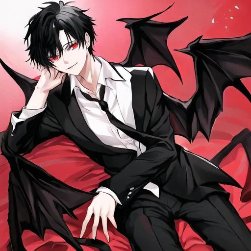 Prompt: Damien  as a fallen angel (male, short black hair, red eyes)