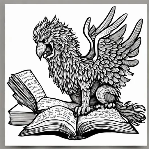 Prompt: Draw a griffin reading a book
