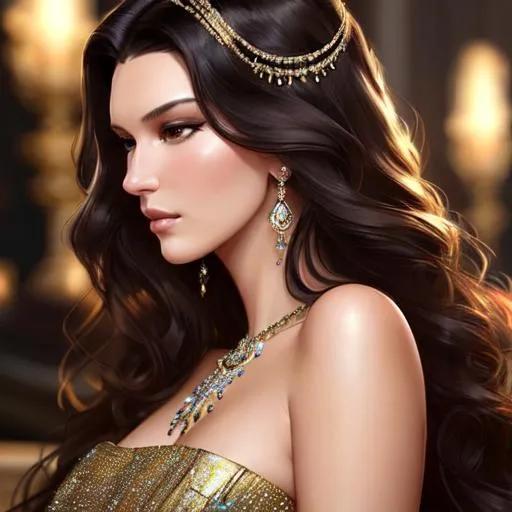 Prompt: a realistic lying down feminine elegant princess mix of Bella Hadid and Kendall Jenner, at a bal, with a black lace dress, jewelry set balayage wild hair, royal vibe, highly detailed, digital painting, Trending on artstation , HD quality, by artgerm and greg rutkowski and alphonse mucha, dramatic light, 19 century, dark brown hair