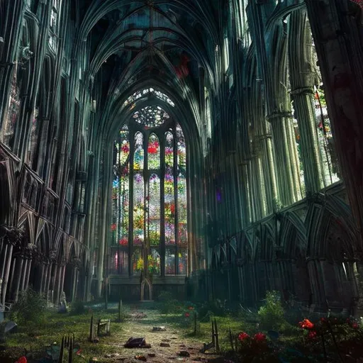 Prompt: abandoned gothic cathedral inside, sun light through broken windows, stained glass, flowers and trees growing inside, epic cinematic, ethereal, detailed, realistic