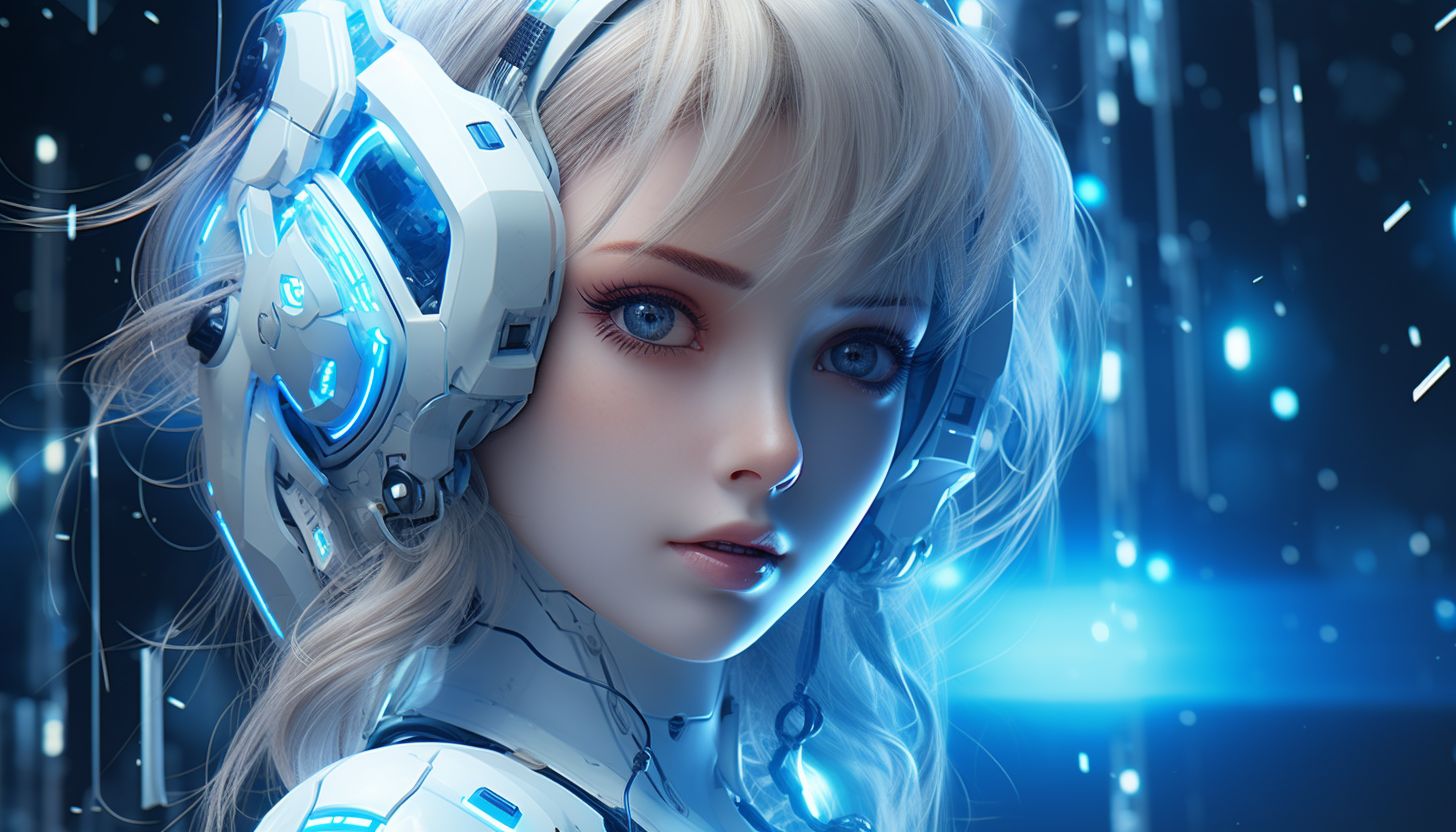 Prompt: anime android robot girl in space with blue eyes in the background wallpaper, in the style of realistic hyper-detailed portraits, neon art nouveau, light blue and silver, 32k uhd, pixelated realism, algorithmic artistry, futurist mechanical precision