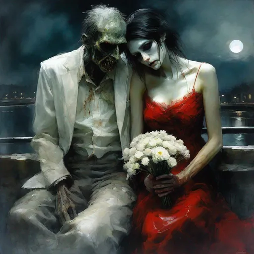 Prompt: "portrait of Moonlit beautiful couple of zombies in love: sad, dramatic, eldritch,  moon, waiting on a bridge, holding white flowers in the night, wearing a red dress, watercolour art by Jeremy Mann: nekro: oil painting: high contrast: 3D: ultra fine_art: dramatic lighting: Van Gogh, fantasy: sharp focus: pencil sketch: professional photography: ZBrushCentral: finalRender: Unreal Engine 5: Deep colors: depth of field: Trending on Artstation, by Amina Bouraoui

