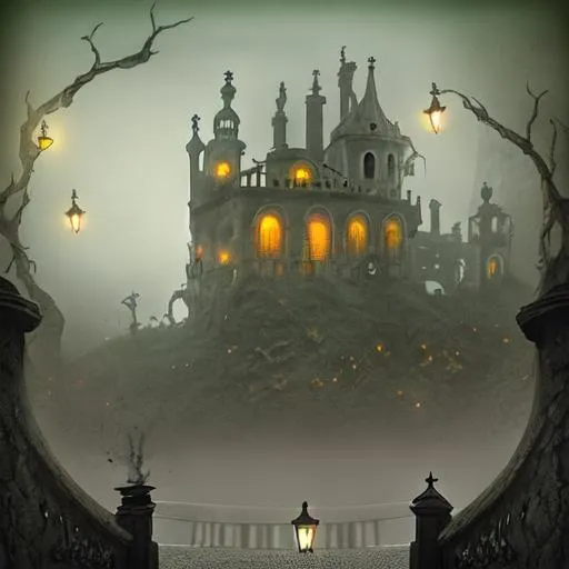 Prompt: villaggio fantasy horror costiera con tanta nebbia 
