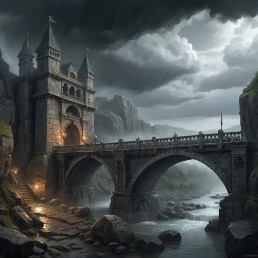 Prompt: Warhammer fantasy RPG style illustration of a grand bridge over River Reik, medieval fantasy setting, colossal stone architecture, detailed stonework with intricate carvings, wet stones, after rain, ominous atmosphere, looming dark clouds, dramatic lighting, foggy mist, high quality, detailed illustration, medieval fantasy, high definition, epic scale, ominous atmosphere, dramatic lighting