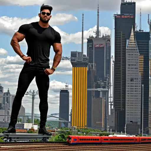 Prompt: 300- foot beast vs 30 foot tall bodybuilder vs 7-foot-tall runway model, train,