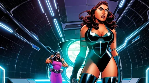 Prompt: Hope Alguin--dark-skinned curvaceous cyborg beauty--uses a quantum computer to scan the Omniverse for any trace of her lost android muse-brother, Philo Layne. art by Juan Gimenez and Adi Granov