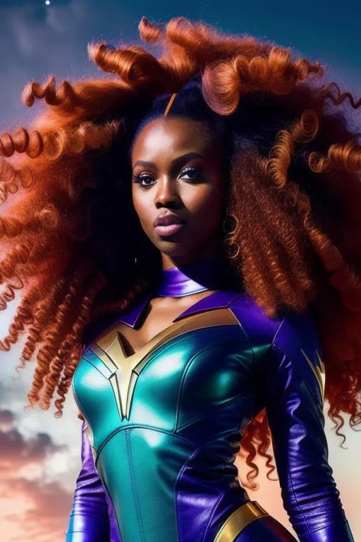 Prompt: {{Anna Diop}}, {Starfire, Titans, DC comics} big hair, afro, long voluminous hair, frizzy, Deep red hair,  shot on IMAX 70mm, high — resolution hyper-maximalist, ultra sharp, night shot on kodochrome, unreal engine, octane render, ue5, {curvy,  voluptous}, {one sided smirk} mischievous expression