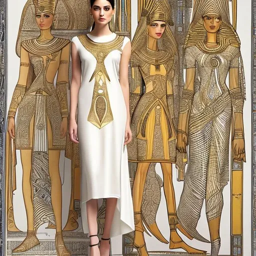 Prompt: White pharaonic women's dress with golden pharaonic drawings inspired by modern elegance