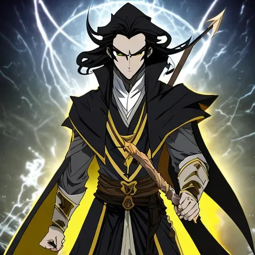 Prompt: anime young man  has long black hair, he has yellow eyes. He dressed into the long carf. He looks like kind doctor in the middle age. His eyes are kind. He has a spear. Dinamic pose. 