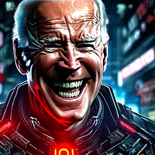 Prompt: Joe Biden with monstrous wide smile, sharp teeth, malevolent aura and bright red glowing eyes, cyberpunk style, scary, close up
