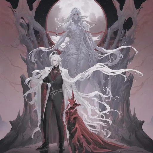 Prompt: One male figure, a humanoids monster made of flesh and bone with red eyes, full body, in a shape of a wizard in robes, standing with a determined air, her gaze a anime boy with a body are as if it is made from porcelain, their hair is white and wear a suit beautiful flawless soft smooth skin, Moon Kingdom in the background, absolutely astonishing, razor-sharp focus, (masterpiece), volumetric lighting, light beams, bokeh, UHD, 16k, HDR, ((((best quality)))) beautiful detailed bright eyes glowing with infinite energy, beautiful shining hair, confident expression, she is