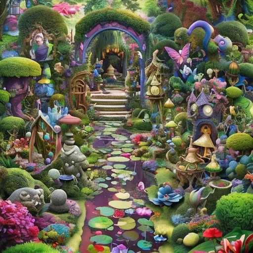 Prompt: Create an image of the mysterious puzzle garden. the mysterious puzzle garden is a fantasy and whimsical lush garden like alice in wonderland, filled with puzzles, fluffy animals, beautiful fantasy flowers and riddles