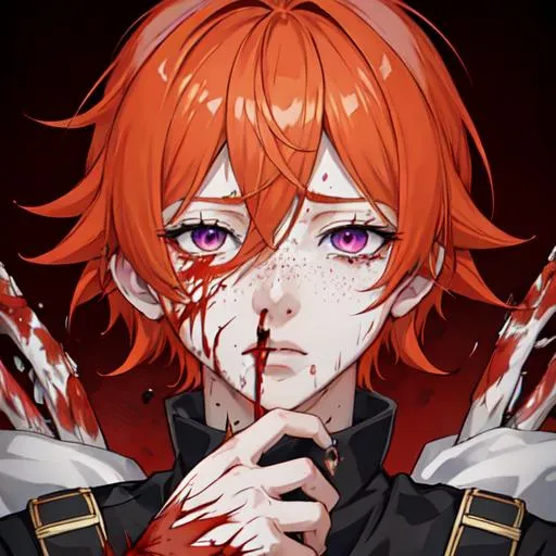 Prompt: Erikku male adult (short ginger hair, freckles, right eye blue left eye purple)  UHD, 8K, insane detail anime style, covered in blood, psychotic, covering his face with his hands, face covered in blood and cuts, blood highly detailed, crying out in pain