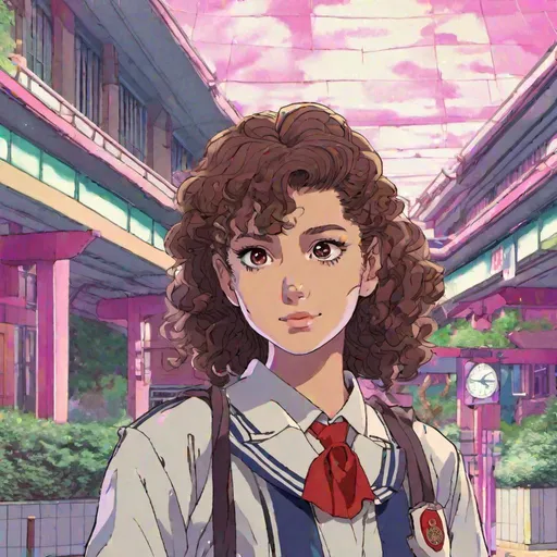 Prompt: Nyssa from Doctor Who with curly brown hair, in a Japanese school uniform, by Hayao Miyazaki, in a vaporwave style.