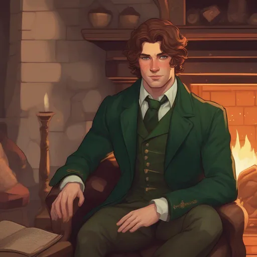 Prompt: dnd a human man with short wavy brown hair and hazel eyes and a freckled face wearing a dark green noble suit in front of a fireplace