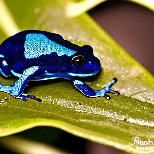 blue smooth poison dart frog on a leaf. dark, rainy,... | OpenArt