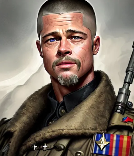 Prompt: Fullbody portrait of brad pitt , 55 years old  male, buzz cut, war scars ,BLACK hair, focused eyes, thick full long beard ,  ethereal,  ww1 soldier outfit,  1000 yard stare, army vibe, highly detailed, digital painting, Trending on artstation , HD quality, tan skin,artgerm, smiling
