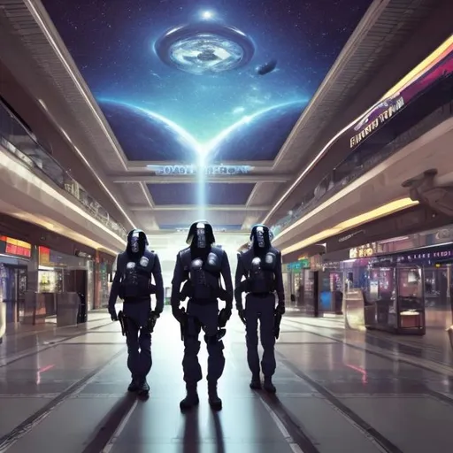 Prompt: lion security guards in a busy alien mall, widescreen, infinity vanishing point, galaxy background, surprise easter egg