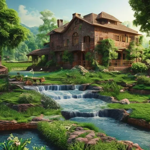 Prompt: Nature Background with greenery, Flowing Water in Somewhere, A Beautiful Farm House, Highly Detailed, Hyper Realistic, 2160p Resolution, 8K