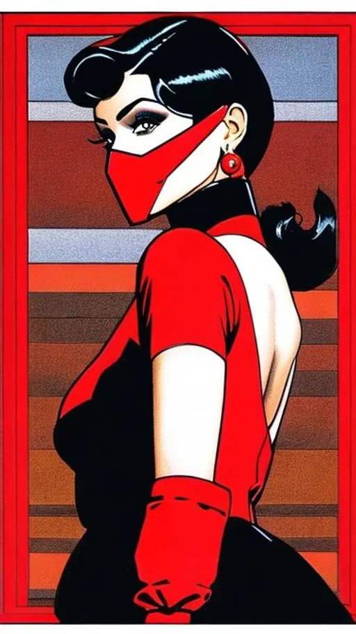 Prompt: full body drawing of a beautiful woman with dark black hair and a red dress. She is wearing a red domino mask like that of Robin. She is drawn in the comic-book style of Frank Quietly