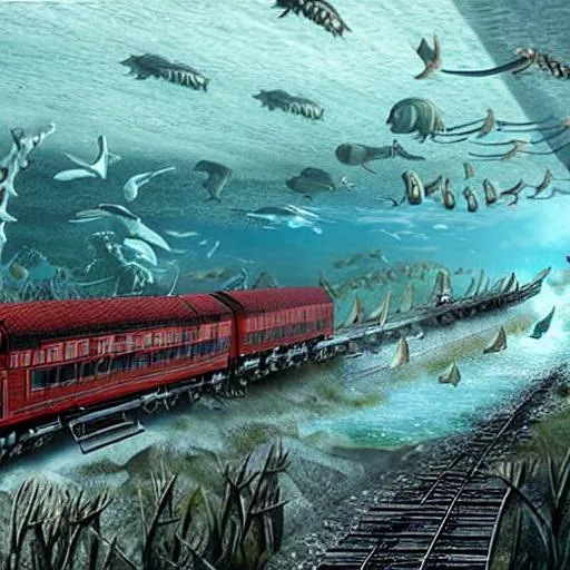 Prompt: Hyper realistic prehistoric ocean train made of bones