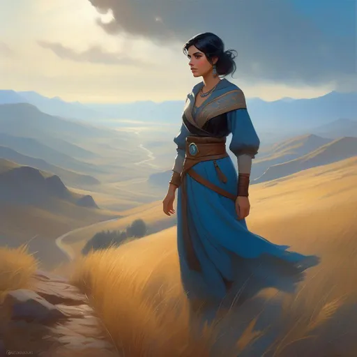 Prompt: Third person, gameplay, ancient Hunnish girl, pale skin, black hair, brown eyes, steppe, fog, blue atmosphere, cartoony style, extremely detailed painting by Greg Rutkowski and by Henry Justice Ford and by Steve Henderson 