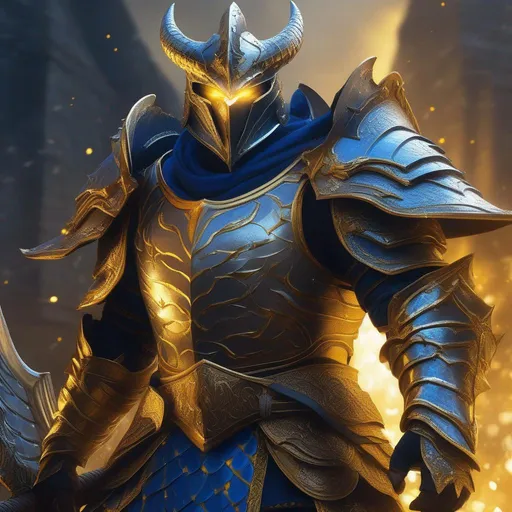 Prompt: fantasy art, digital painting, 

an armored drangonborn warrior, with glowing yellow eyes and golden scales, wearing silver and blue platemail, ready for battle, incredibly fit and muscular

highest quality, masterpiece, ultra-realistic, intricately detailed,  UHD

fantasy, D&D, Dragonborn, Arkhan