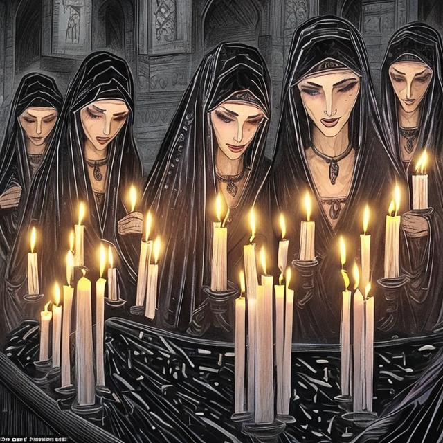 seven women with black veils around a coffin surroun...