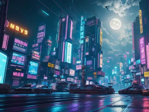 Prompt: Long shot, cinematic view

Hyper detailed cyberpunk City concept art, cinematic lighting, studio lighting, night, detailed full blue moon, neon light, contrast color, insanely detailed digital art, photo realistic, detailed sky, detailed cloud, 

captured by high resolution camera, 35 mm, 64k, ultra HD, inspired by cyberpunk 2077, professional work, masterpiece