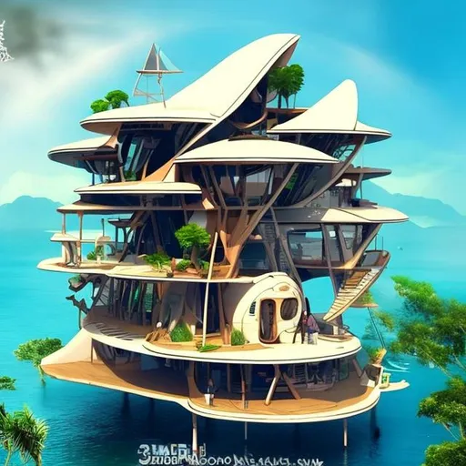 Prompt: sailing futuristic house inspired on bambu tree house