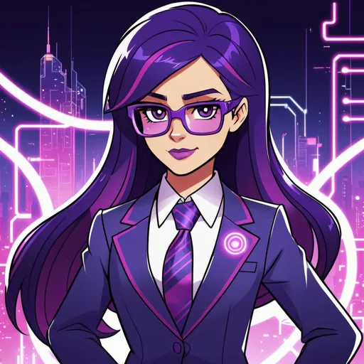 Prompt: Cyberpunk Equestria girls twilight sparkle with purple skin wearing a circuit business suit