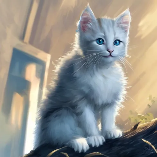 Prompt: a white kitten, yellow eyes,  warm light scheme, concept art