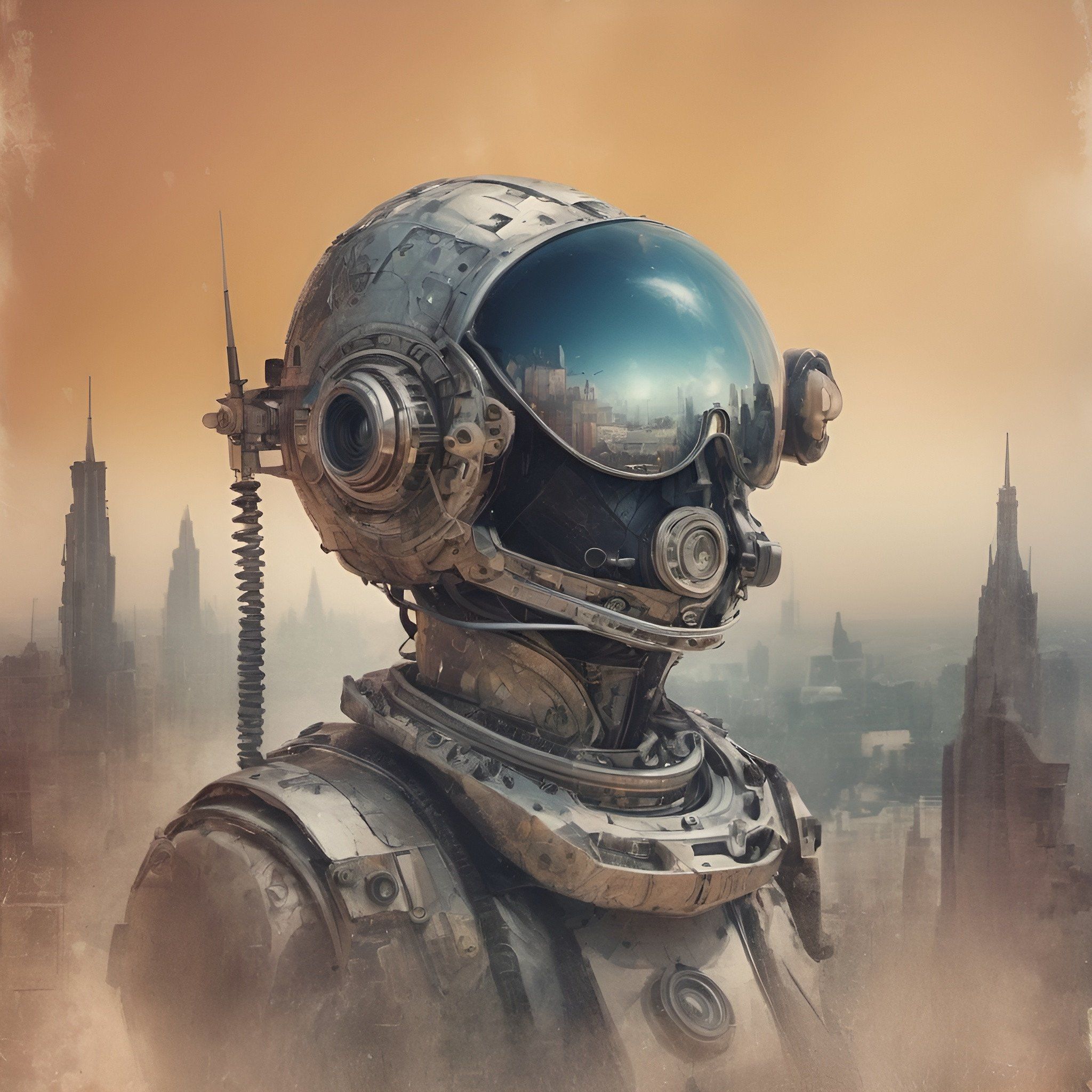 Prompt: a man in a futuristic suit with a city in the background and a sky background with a hazy sky