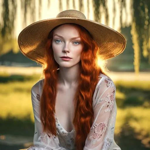 Prompt: highly detailed beautiful 30 year old woman sitting under a willow tree beside a river, long lucious red hair and green eyes, modern, soft lighting, sun hat, tattooed, 105mm, Creative Bokeh, Close Up – long focal length, low-angle, 3d ray tracing, daytime background, golden hour, direct backlighting, rim lighting, outdoor lighting, subsurface scattering unreal engine 5, octane render, trending on artstation, deviantart, brown tones, 4k, cute freckles, seductive, fashionable,