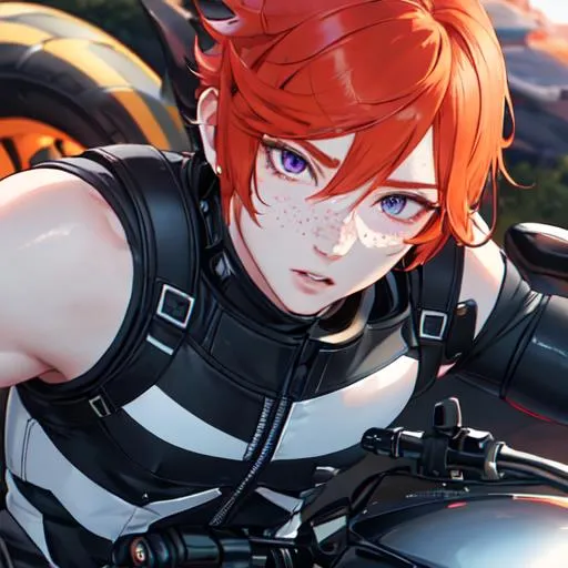 Prompt: Erikku male (short ginger hair, freckles, right eye blue left eye purple) muscular, riding a motorcycle. UHD, 8K, Highly detailed, insane detail, best quality, high quality