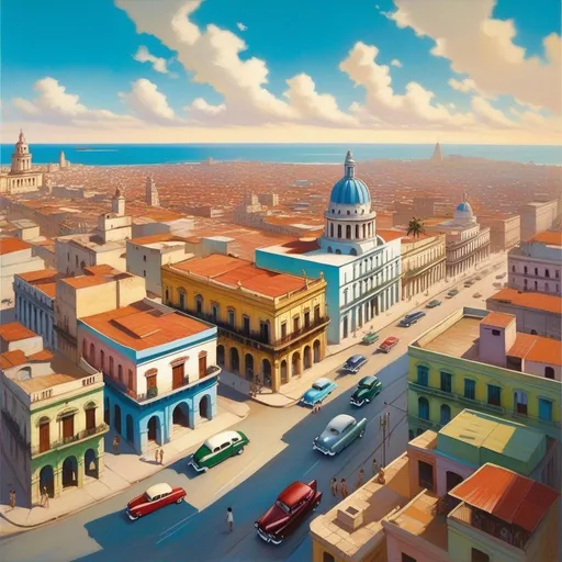 Prompt: Aerial view of Havana, Cuba, 1950s, cartoony style, extremely detailed painting by Greg Rutkowski and by Henry Justice Ford and by Steve Henderson