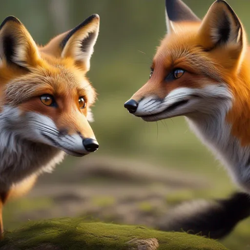 Prompt: foxes chatting, 4k, 8k, UHD, highly detailed, intricate detail, vibrant, studio lighting, 70mm ef, mouth open, open mouth, sharp focus, bull body focus, hyper realistic, 8k eyes, highly detailed face, highly detailed eyes