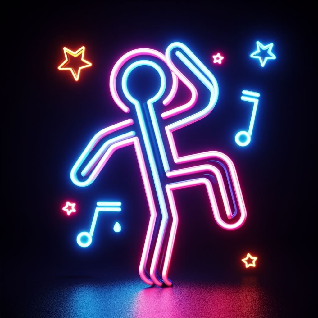 Prompt: neon lit striped tube stickmen dancing, weeping neon lit disco stars