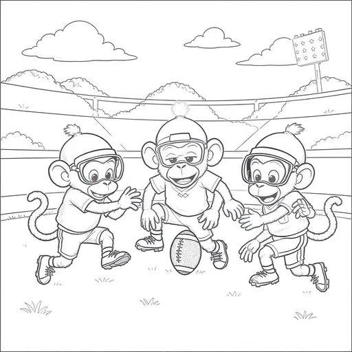 Prompt: create a black and white outline image of monkeys playing football that is colorable can you make sure they all have the correct number of arms/ legs
