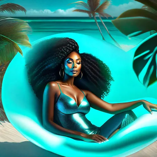 Prompt: Produce a high-quality professional-grade portrait capturing a black woman lying on a lounger, immersed in a digital  teal beach paradise within a magica world. The central image should focus on her detailed visage, the surrounding screens, and the realistic lighting.
The woman, centrally framed, should appear serene. Her face should be detailed with the high-definition precision of professional photography, capturing the illusion of warm sunlight on her skin and the reflection of digital waves in her eyes.

Her surroundings, while physically a small, magical space, should be transformed into a beachside getaway by the surrounding screens. Each screen should display portions of a panoramic beach scene, with details such as turquoise waters, white sands, and swaying palms. The screens themselves should have visible wires and cables, offering a stark contrast to the serene beach images they display.

This setting should be lit realistically, with the faux sunlight from the screens creating a warm, beach-like glow in the room. Shadows and reflections should enhance the immersive illusion and add depth to the scene.

This photograph should encapsulate the juxtaposition of a tranquil beach escape within the confines of a cyberpunk world. It should evoke feelings of longing, escapism, and the advanced, complex nature of a digital world encroaching on our perceptions of reality.