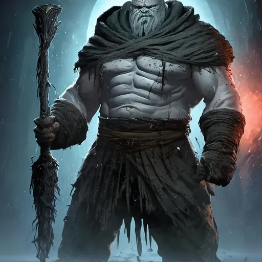 Prompt: old man, Tall, Intimidating, Large, male, Solomon Grundy/goliath DnD build, black hair, very dark grey scarred skin, covered in bandages, dark tattered cloth armor exposes his midriff, hood of magical darkness mask like Xûr, Agent of the Nine in destiny, large red gem between pecs in chest, Path of the Zealot Barbarian, Strong, wielding large two-handed great-axe, Fantasy setting,