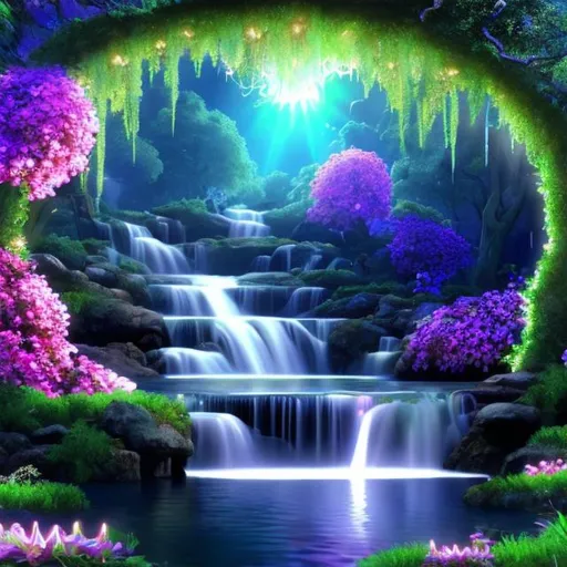 Prompt: HD 4k 3D 8k professional modeling photo hyper realistic beautiful woman ethereal greek goddess of well being
green ombre hair ponytails brown eyes gorgeous face pale skin shimmering dress jewelry leaves and flower crown full body surrounded by magical glowing light hd landscape background tranquil pool with waterfall and bridge waterliles