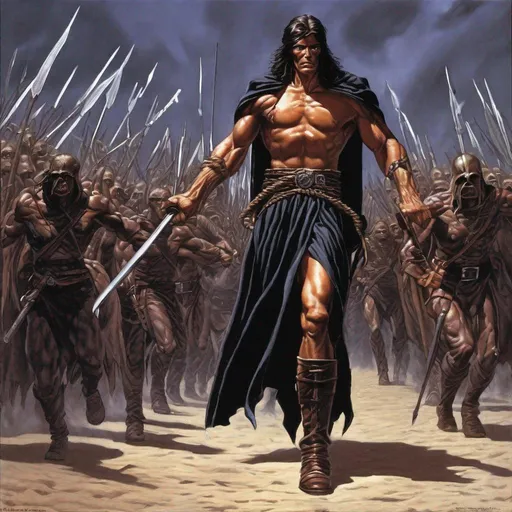 Prompt: An slave driver for a dark lord, using his whip, forcing his Slavic slave army to march into battle, dark aura and an evil atmosphe, Artwork by Larry Elmore 