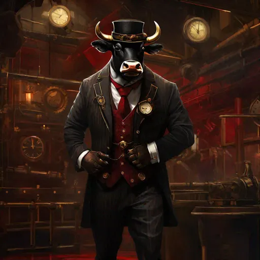 Prompt: a bull in a business suit, standing in the stock market, in the style of steampunk art, dark black and dark red, steampunk, flickr, charming characters, marine painter, hd --ar 10:13