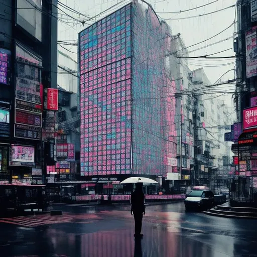 Prompt: In the shimmering simulacrum of Osaka's urban sprawl, amidst the deluge of digital data rain, a sentient vending machine emerges as a symbol of a hyperreal society. Time itself becomes a fluid construct as daytime blurs into a mosaic of algorithmic aesthetics. A solitary man stands at the crossroads of choice and contemplation, caught in the tangled web of algorithmic aesthetics, questioning the very essence of being. AI-infused brushstrokes paint an abstract portrait of technosocial dynamics, blurring the boundaries between human and machine. This postmodern AI art transcends mere representation, becoming an enigmatic prism reflecting the interplay between our primal desires and the digital labyrinth. Through rain-soaked codes and neon-lit abstractions, the artwork beckons us to explore the labyrinthine corridors of self, where choices become a kaleidoscopic spectacle of ever-shifting perspectives.