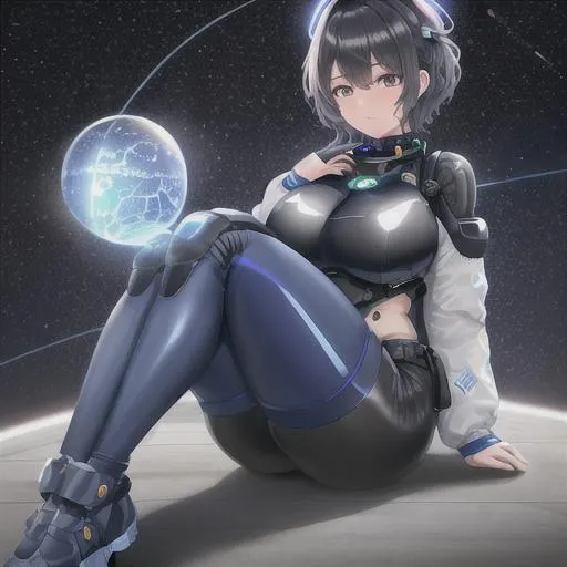 Prompt: Code:Error;1989266100;Seed:2517826, Function: Ai (Auto Humanly activity),Hyper Realistic Quality Detailed, model, 4k, beautiful woman indigo curly short hair, looking into the camera, space suit, space helmet, full body, in outer space, big tiddy