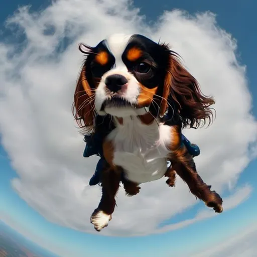 Prompt: king Charles cavalier spaniel dog skydiving 