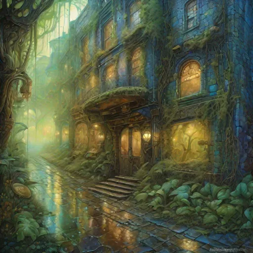 Prompt: A steampunk city storefront in a fantasy forest with a cobblestone street surrounded  by vegetation in the style of Josephine Wall and Zdzisław Beksiński, 
wet on wet, morning sunlight, shimmering, a futuristic  
