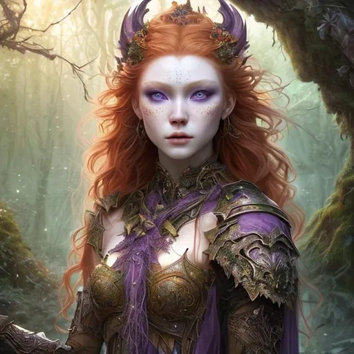 Prompt: Detailed and mystical portrait of a 20 charming warrior witch with ivory clear skin, redhead hair and deep purple eyes. Gorgeous female body, she wears rich green dress, night light, forest, dramatic, plastic pose, frontal, magical, fantasy, 8k, high detailed, dramatic light